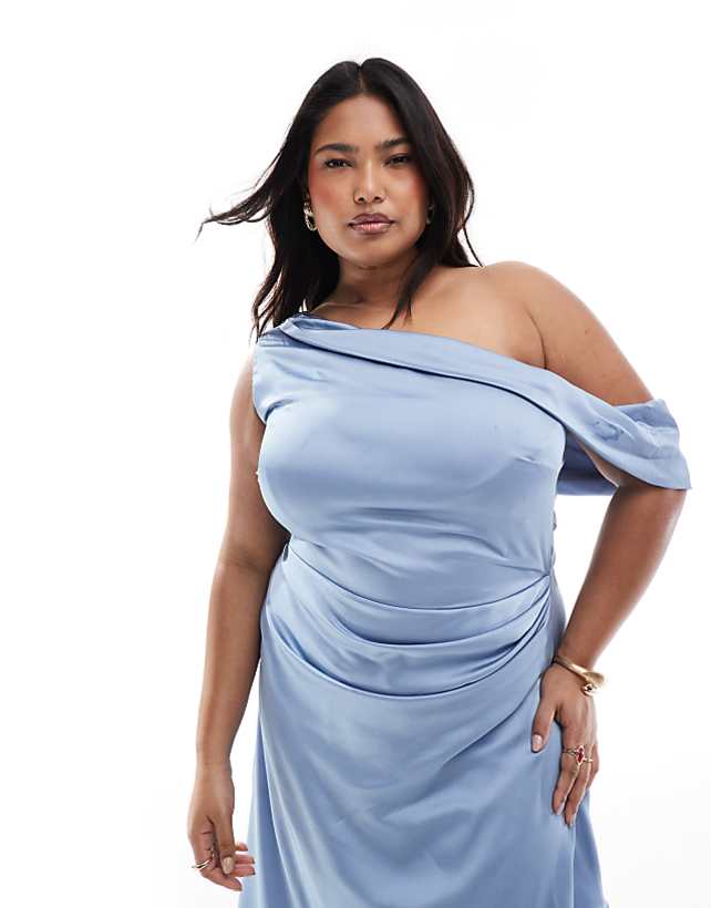 Asos TFNC Plus Bridesmaid Satin Fallen Shoulder Maxi Dress With Wrap Skirt In Dusty Blue