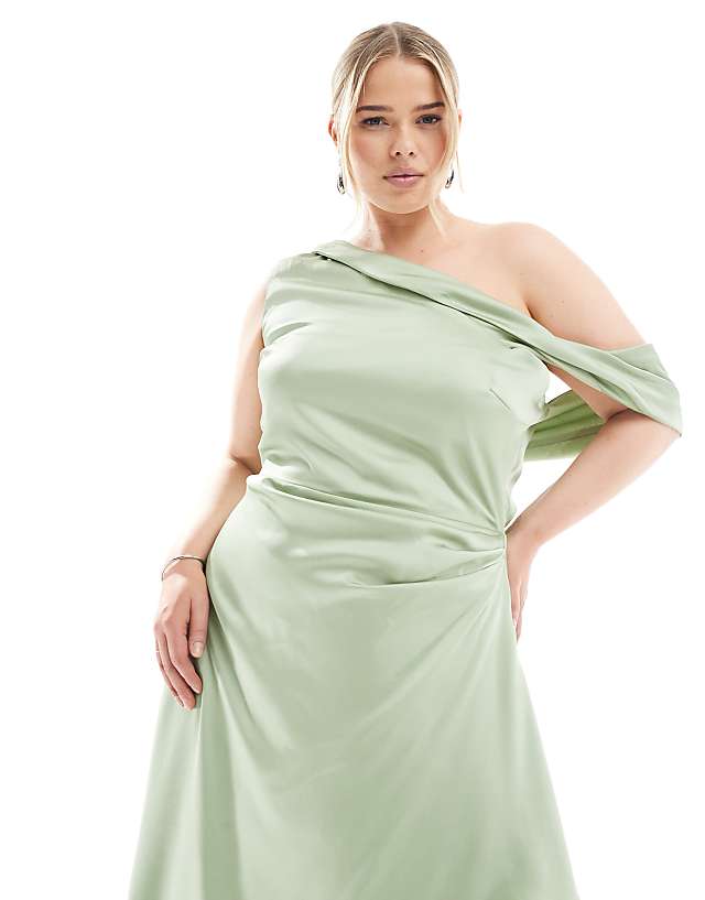 Asos TFNC Plus Bridesmaid Satin Fallen Shoulder Maxi Dress With Wrap Skirt In Sage