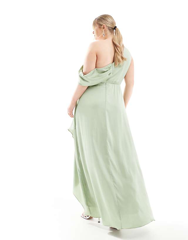Asos TFNC Plus Bridesmaid Satin Fallen Shoulder Maxi Dress With Wrap Skirt In Sage