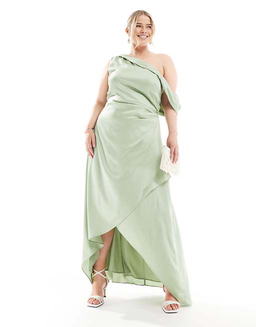 asos TFNC Plus Bridesmaid satin fallen shoulder maxi dress with wrap skirt in sage