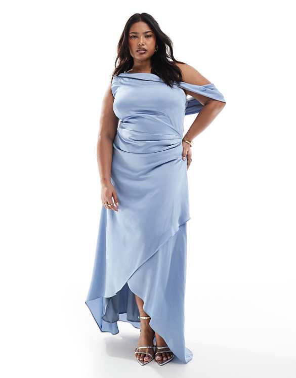 asos TFNC Plus Bridesmaid satin fallen shoulder maxi dress with wrap skirt in dusty blue