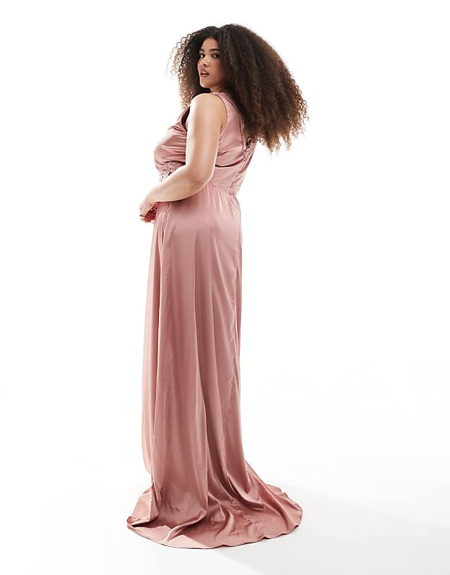 Asos TFNC Plus Bridesmaid Satin Maxi Dress With Scalloped Lace Detail In Dusky Pink