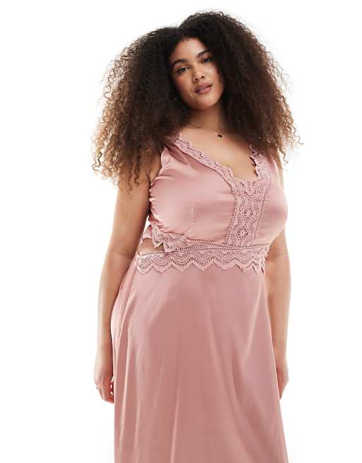 Asos TFNC Plus Bridesmaid Satin Maxi Dress With Scalloped Lace Detail In Dusky Pink