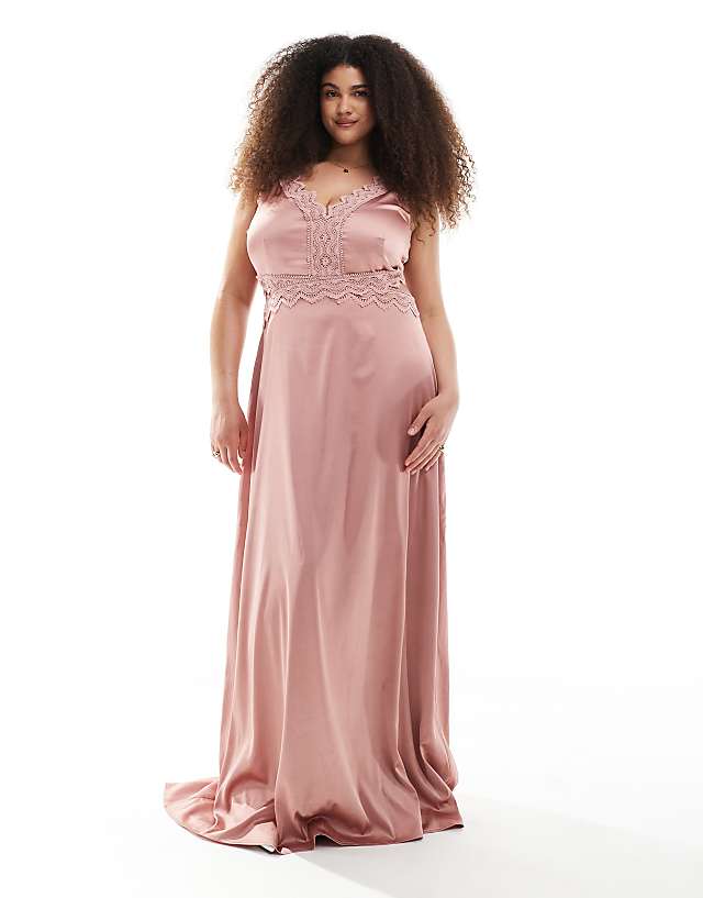 asos TFNC Plus Bridesmaid satin maxi dress with scalloped lace detail in dusky pink