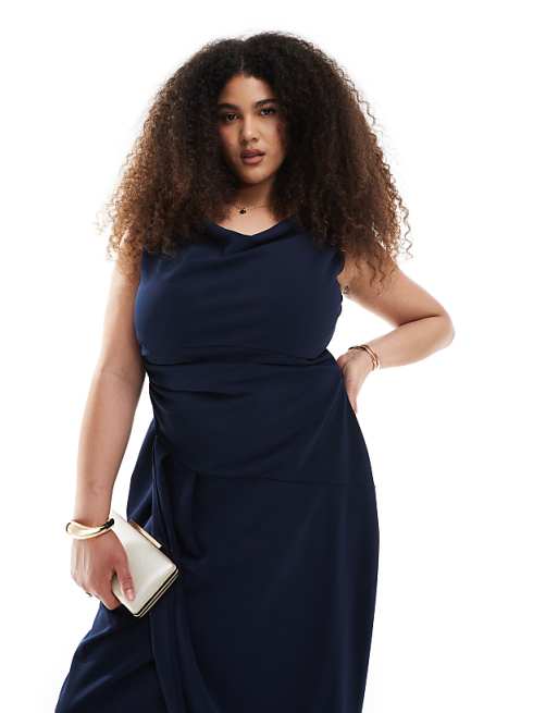Asos TFNC Plus Bridesmaid Slash Neck Maxi Dress With Ruching Detail In Navy