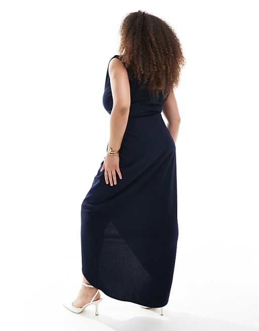 Asos TFNC Plus Bridesmaid Slash Neck Maxi Dress With Ruching Detail In Navy