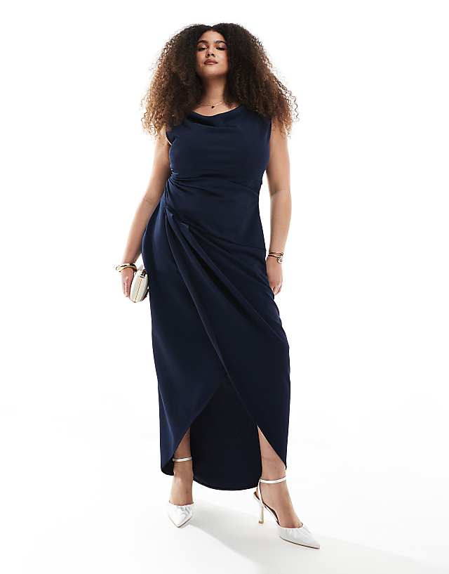 asos TFNC Plus Bridesmaid slash neck maxi dress with ruching detail in navy