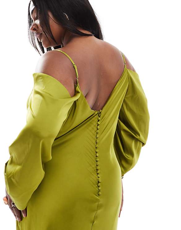 Asos TFNC Plus Bridesmaids Cowl Cold Shoulder Maxi Dress With Ruched Sleeves In Olive