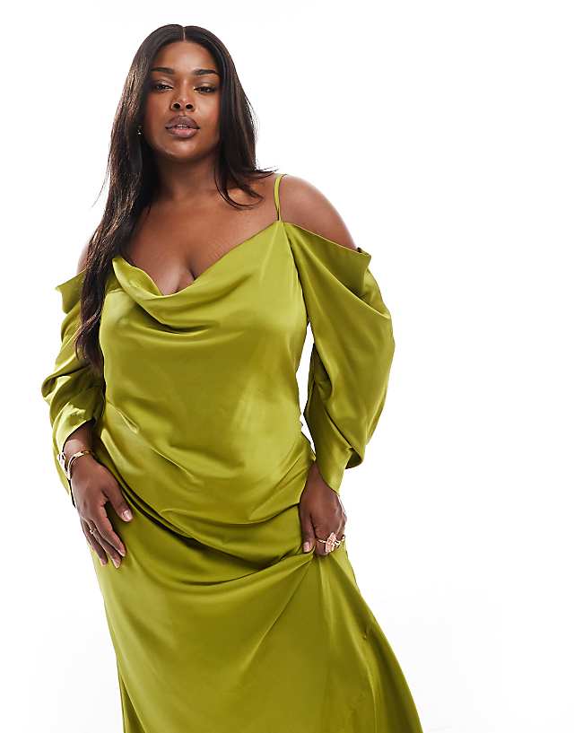 Asos TFNC Plus Bridesmaids Cowl Cold Shoulder Maxi Dress With Ruched Sleeves In Olive