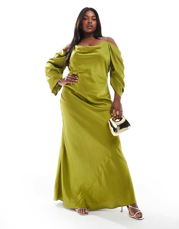 asos TFNC Plus Bridesmaids cowl cold shoulder maxi dress with ruched sleeves in olive