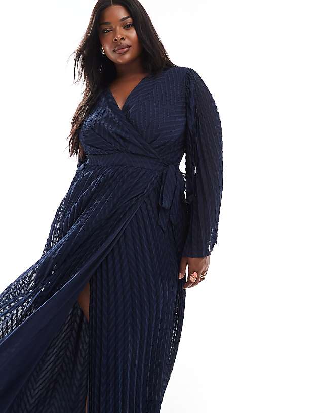 Asos TFNC Plus Bridesmaids Jacquard Pleated Wrap Maxi Dress In Navy