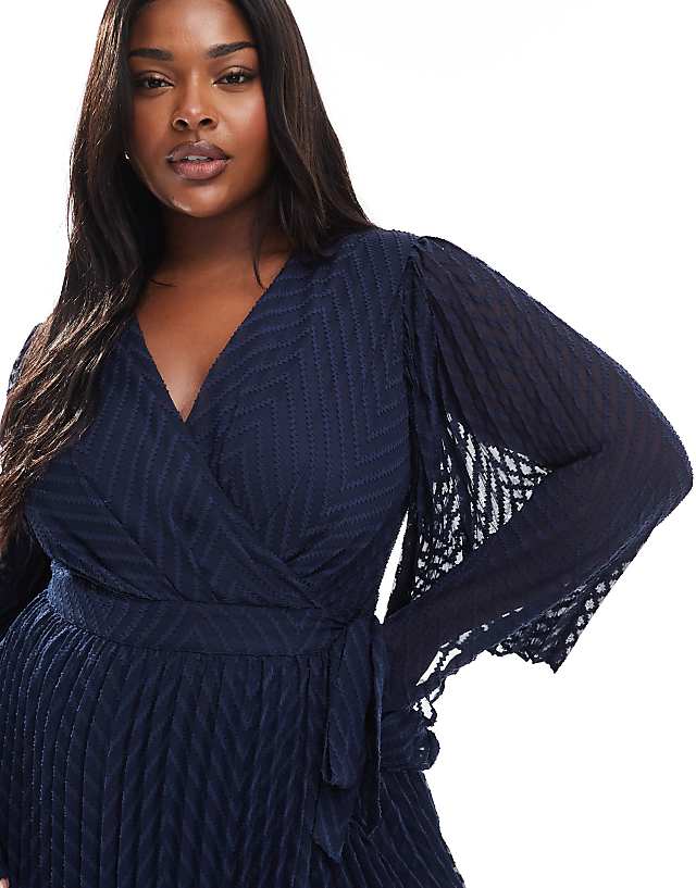 Asos TFNC Plus Bridesmaids Jacquard Pleated Wrap Maxi Dress In Navy