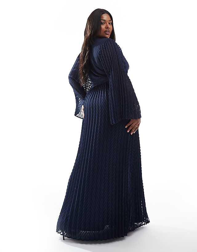 Asos TFNC Plus Bridesmaids Jacquard Pleated Wrap Maxi Dress In Navy