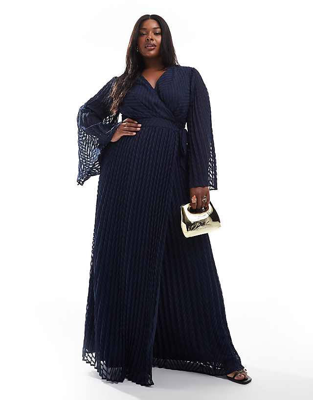 asos TFNC Plus Bridesmaids jacquard pleated wrap maxi dress in navy