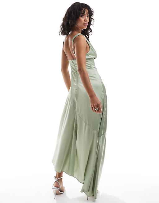 Asos TFNC Satin Maxi Dress With Panelled Skirt In Sage
