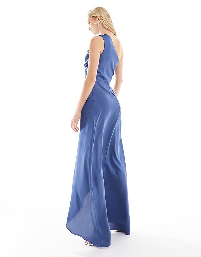 Asos TFNC Tall Bridesmaid Satin One Shoulder Maxi Dress With Wrap Skirt In Aster Blue