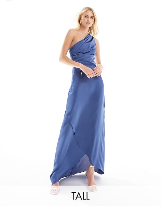 asos TFNC Tall Bridesmaid satin one shoulder maxi dress with wrap skirt in aster blue