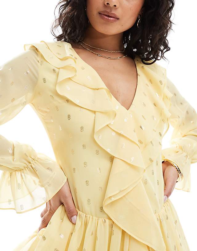 Asos TFNC Tiered Mini Dress With Ruffle Detail In Pale Yellow