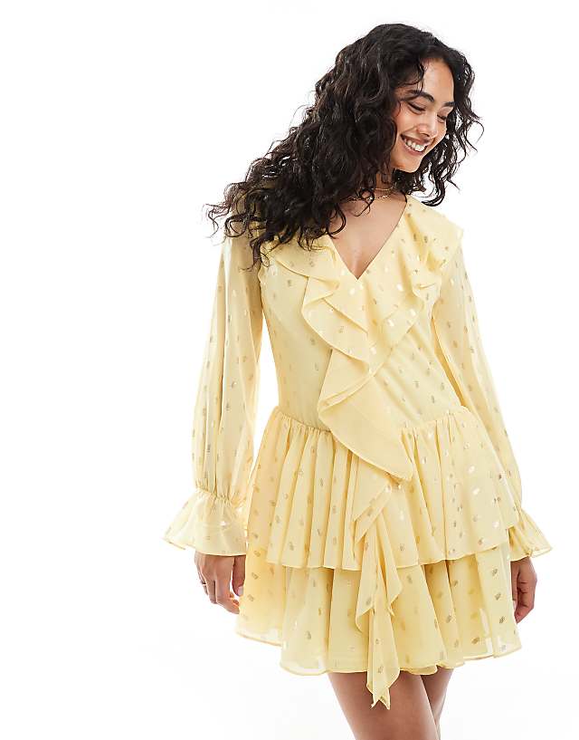 asos TFNC tiered mini dress with ruffle detail in pale yellow