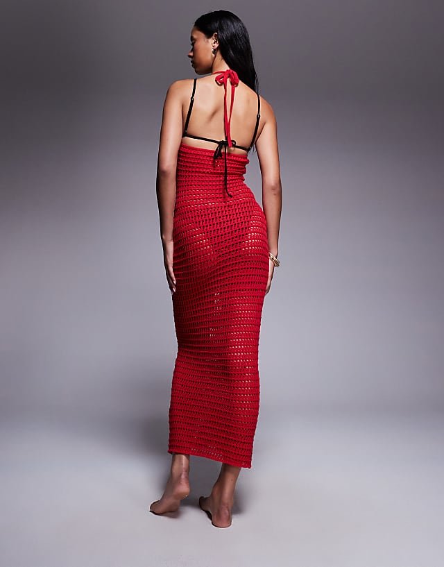 Asos The Frolic Exclusive Crochet Halterneck Maxi Dress In Red