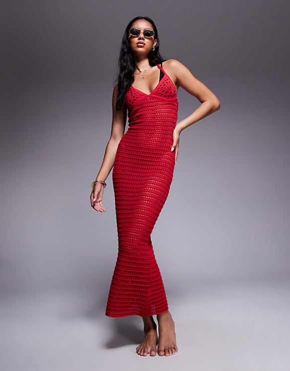 asos The Frolic exclusive crochet halterneck maxi dress in red