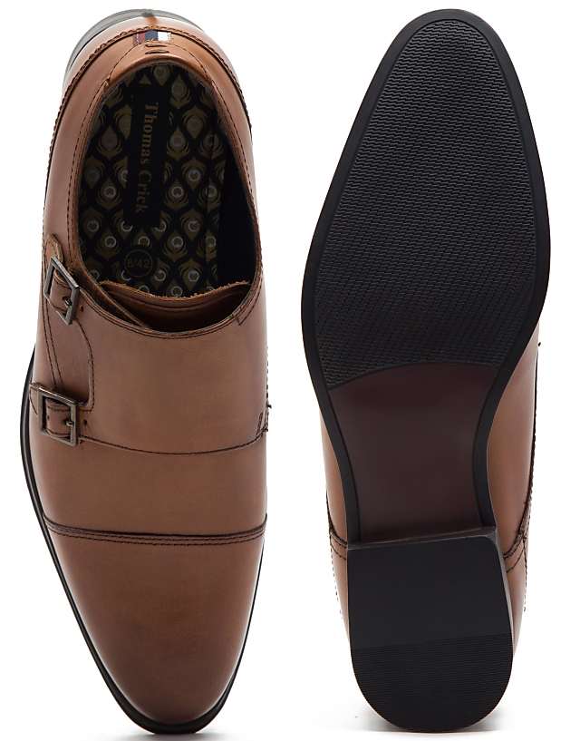 Asos THOMAS CRICK BOYCIE Double Monk Strap Formal Leather Shoes In Tan