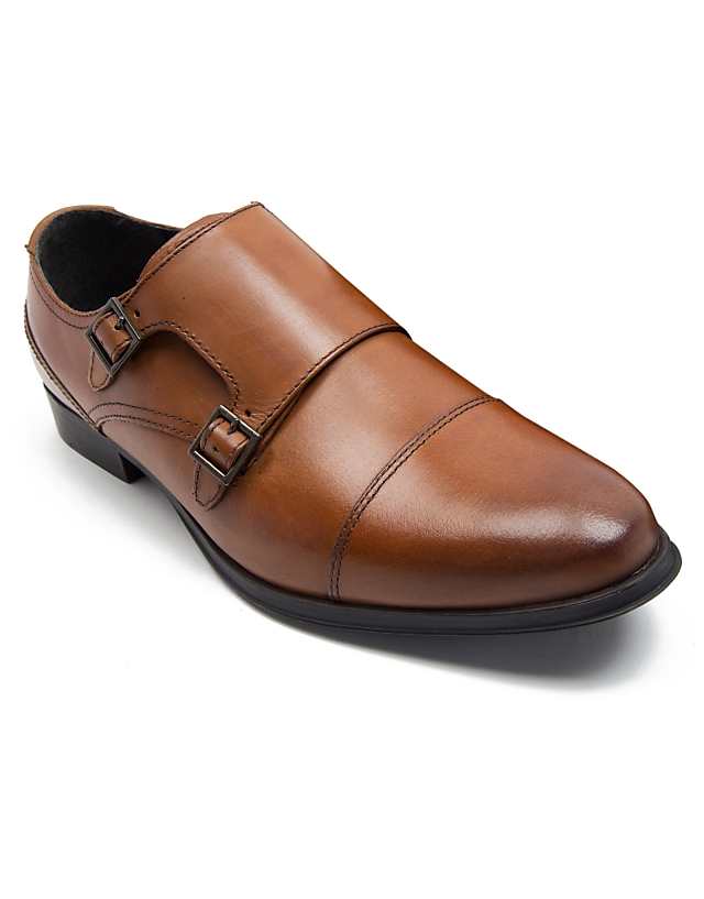 Asos THOMAS CRICK BOYCIE Double Monk Strap Formal Leather Shoes In Tan