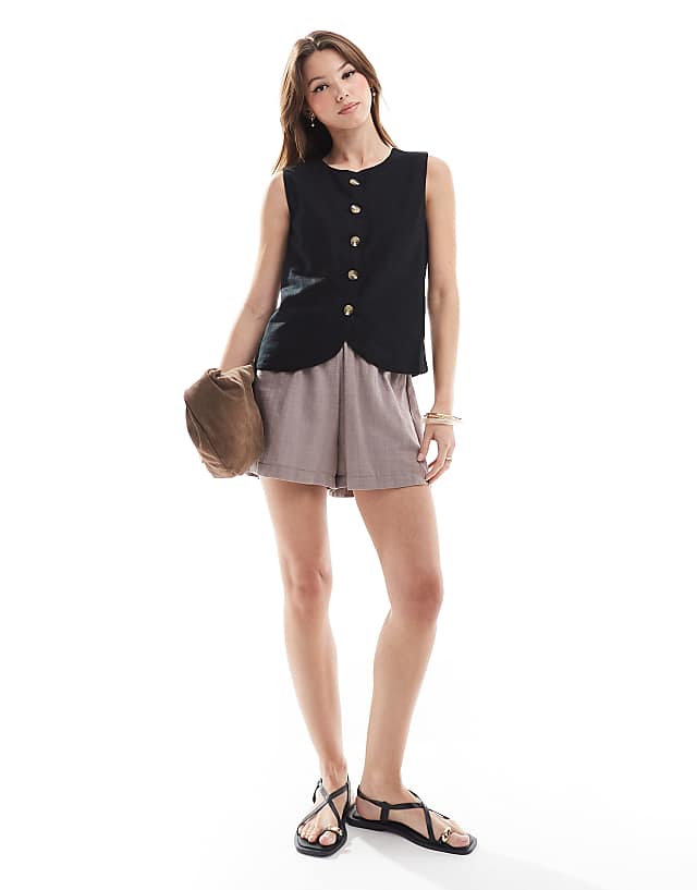 Asos Threadbare Linen Blend High Neck Button Down Waistcoat In Black