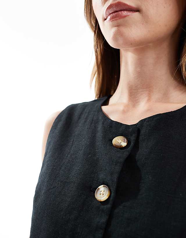 Asos Threadbare Linen Blend High Neck Button Down Waistcoat In Black