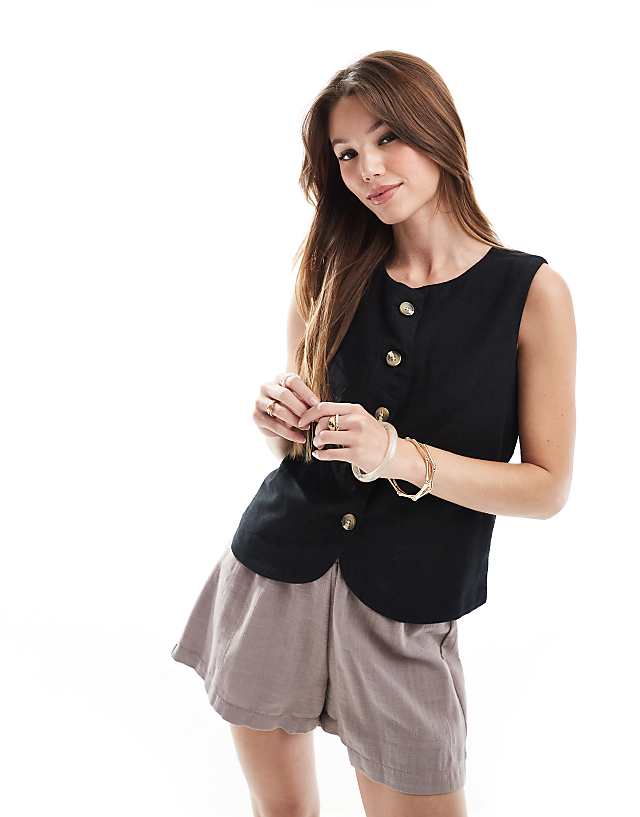 asos Threadbare linen blend high neck button down waistcoat in black