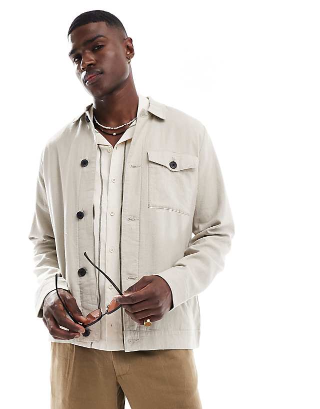 asos Threadbare linen rich button down jacket in stone