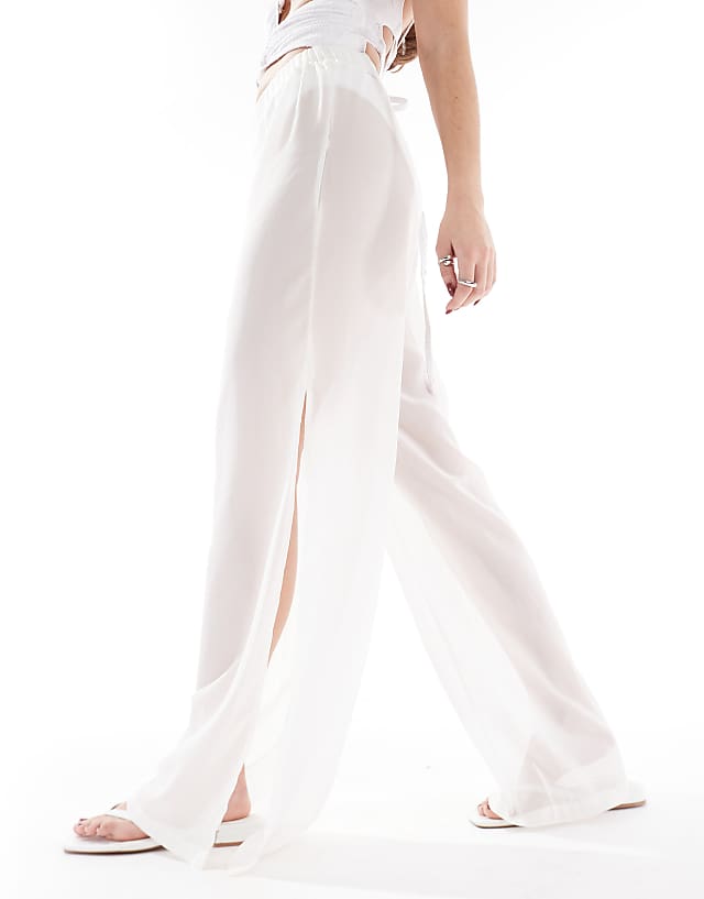 Asos Threadbare Sheer Wide Leg Beach Trousers With Side Split In White