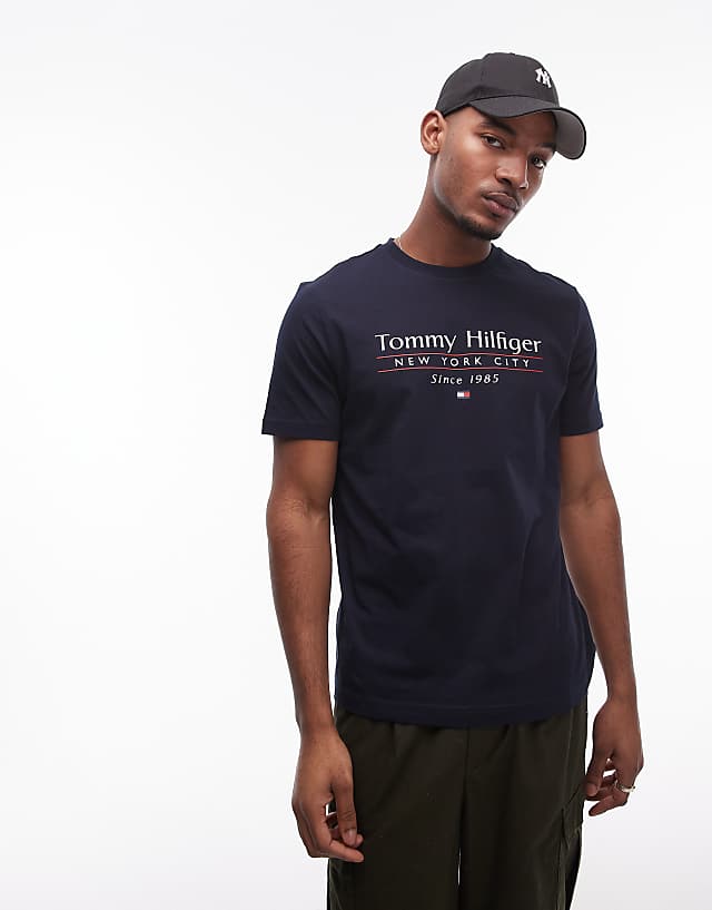 asos Tommy Hilfiger centre stack linear logo t-shirt in black