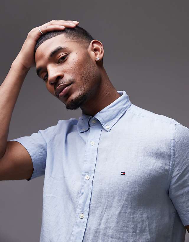 Asos Tommy Hilfiger Linen Short Sleeve Shirt In Pale Blue