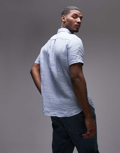 Asos Tommy Hilfiger Linen Short Sleeve Shirt In Pale Blue