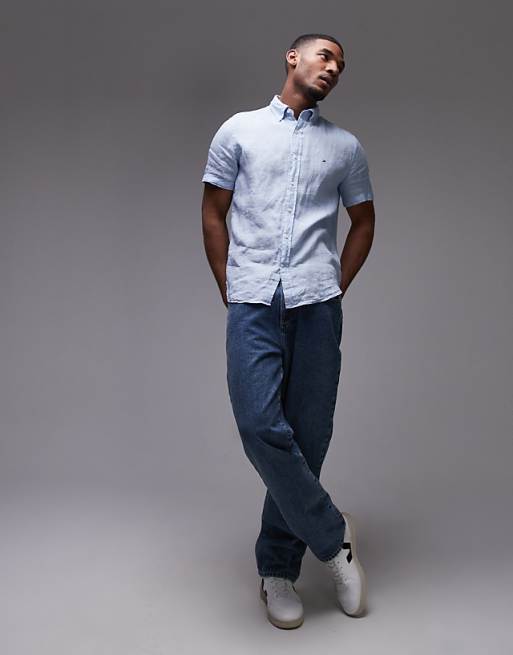 Asos Tommy Hilfiger Linen Short Sleeve Shirt In Pale Blue