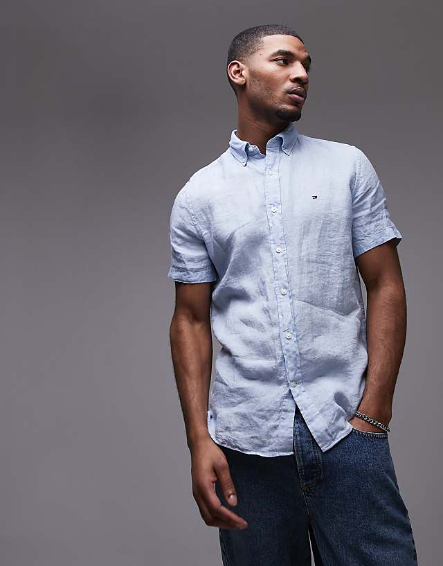 asos Tommy Hilfiger linen short sleeve shirt in pale blue
