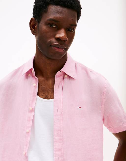 Asos Tommy Hilfiger Short Sleeve Regular Fit Linen Shirt In Pink