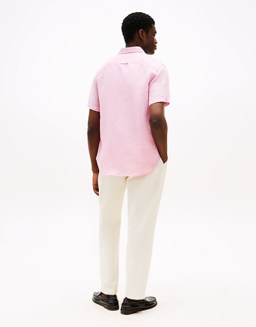 Asos Tommy Hilfiger Short Sleeve Regular Fit Linen Shirt In Pink