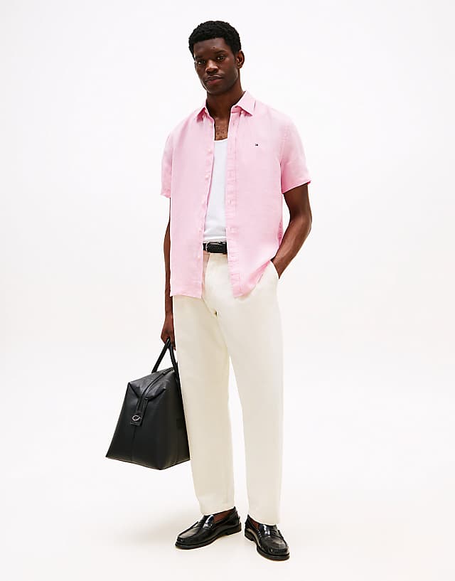 Asos Tommy Hilfiger Short Sleeve Regular Fit Linen Shirt In Pink