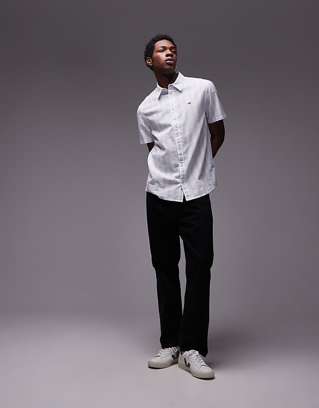 Asos Tommy Jeans Linen Shirt In Light Blue And White Stripe