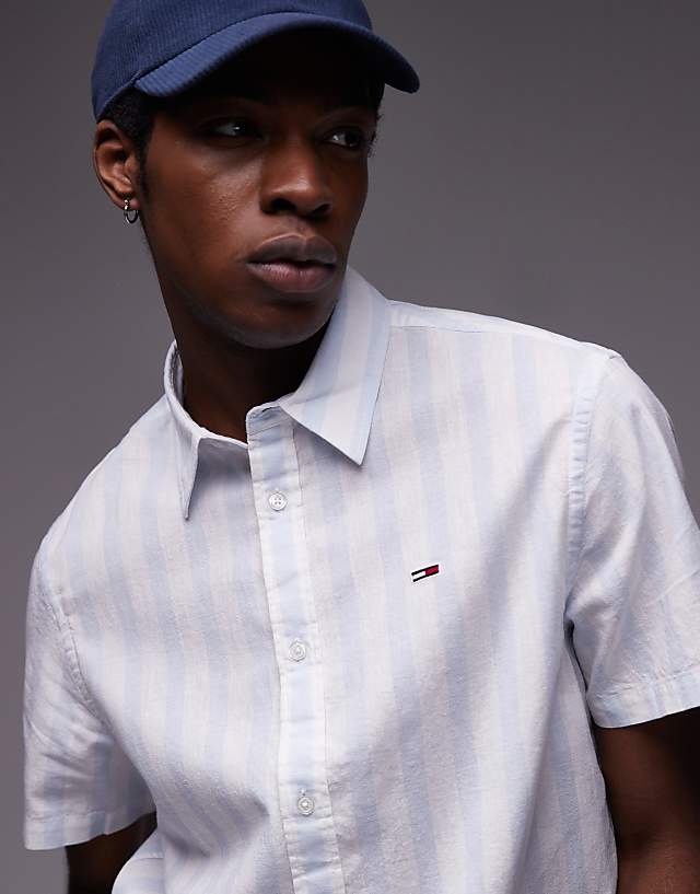 Asos Tommy Jeans Linen Shirt In Light Blue And White Stripe
