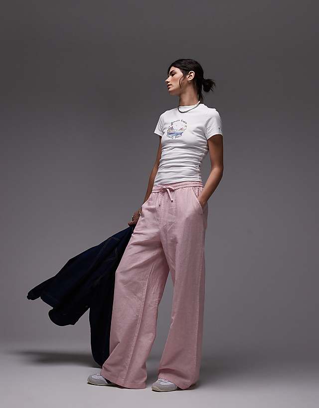 asos Tommy Jeans linen wide trousers in pink and white stripe