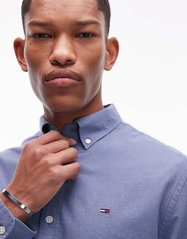Asos Tommy Jeans Regular Linen Long Sleeve Shirt In Dark Blue