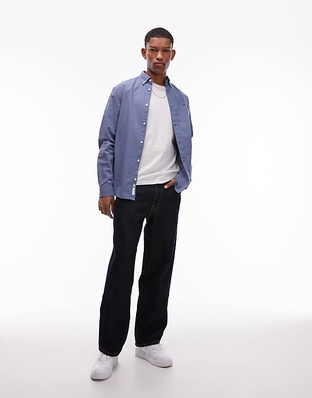 Asos Tommy Jeans Regular Linen Long Sleeve Shirt In Dark Blue