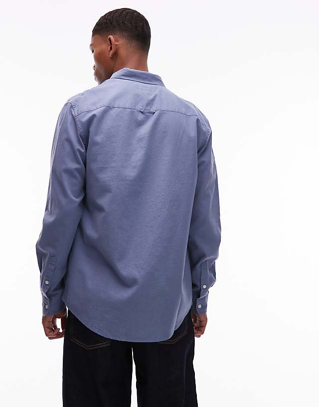Asos Tommy Jeans Regular Linen Long Sleeve Shirt In Dark Blue
