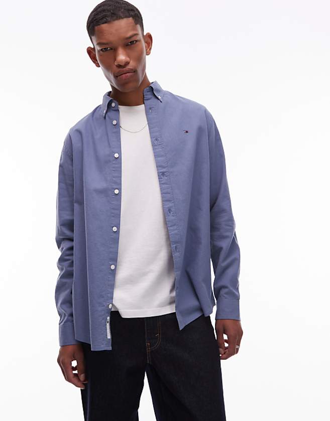 asos Tommy Jeans regular linen long sleeve shirt in dark blue