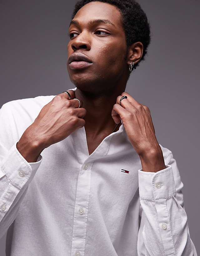 Asos Tommy Jeans Regular Linen Long Sleeve Shirt In White