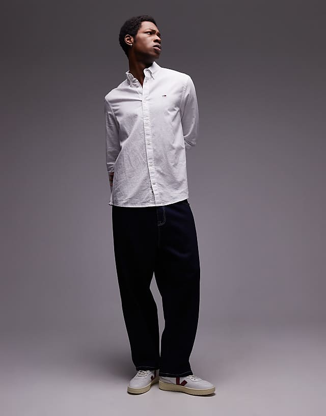 Asos Tommy Jeans Regular Linen Long Sleeve Shirt In White