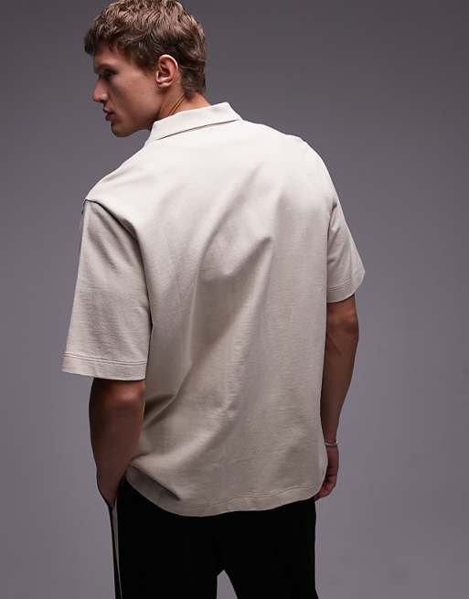 Asos Topman Boxy Fit Button Through Jersey Shirt In Stone